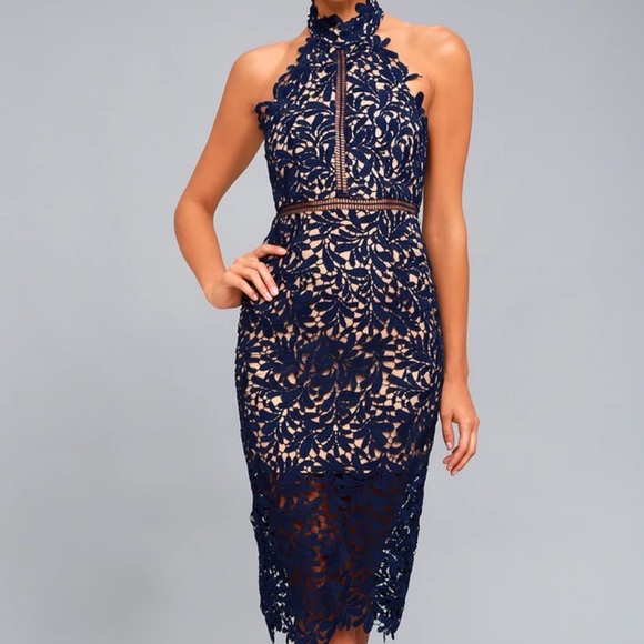 divine destiny navy blue lace midi dress Lulus Divine Destiny Halter High Neck Lined Lace Midi Dress Navy Blue Baystate Boutique & Consignment